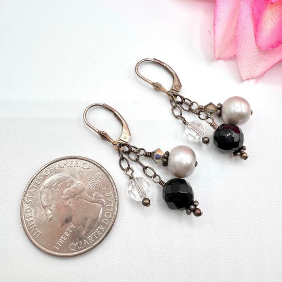 925 Sterling Silver Pearl Crystal Glass Earrings Beaded Cha Cha Holiday Patina - Picture 8 of 12